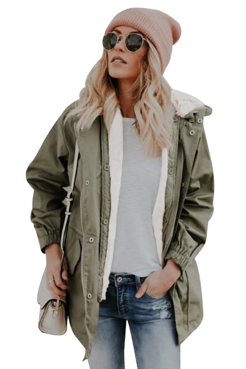 Army Green Faux Fur Lined Jacket - Medium