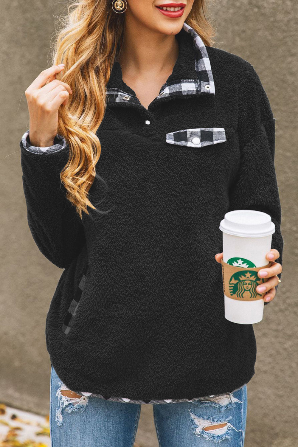 Plaid Collar and Pocket Teddy Pullover