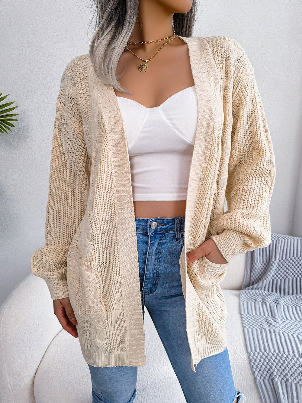 Cable-Knit Open Front Pocketed Cardigan