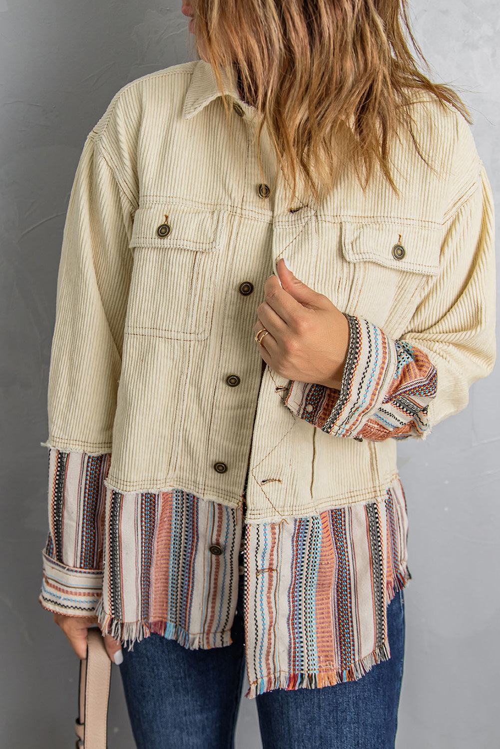 Beige Corduroy Jacket with Striped Detail (Pre-Order)