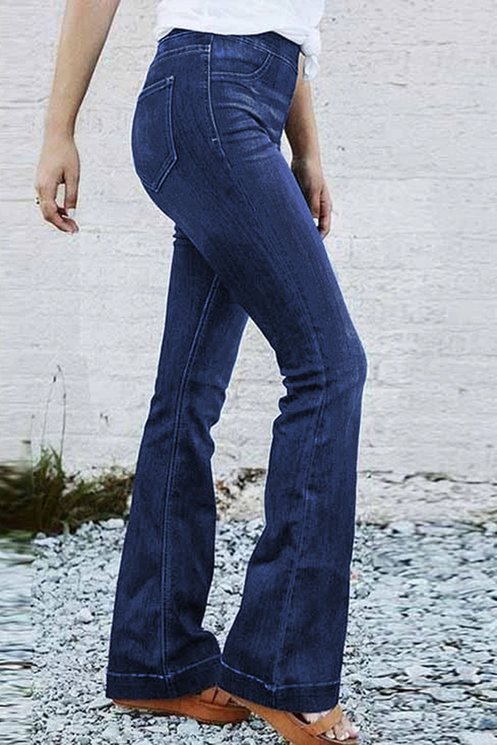 Elastic Waist Dark Wash Flares