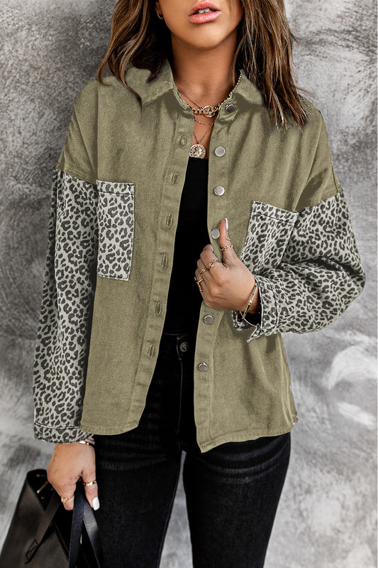 Olive Denim Jacket with Leopard Trim