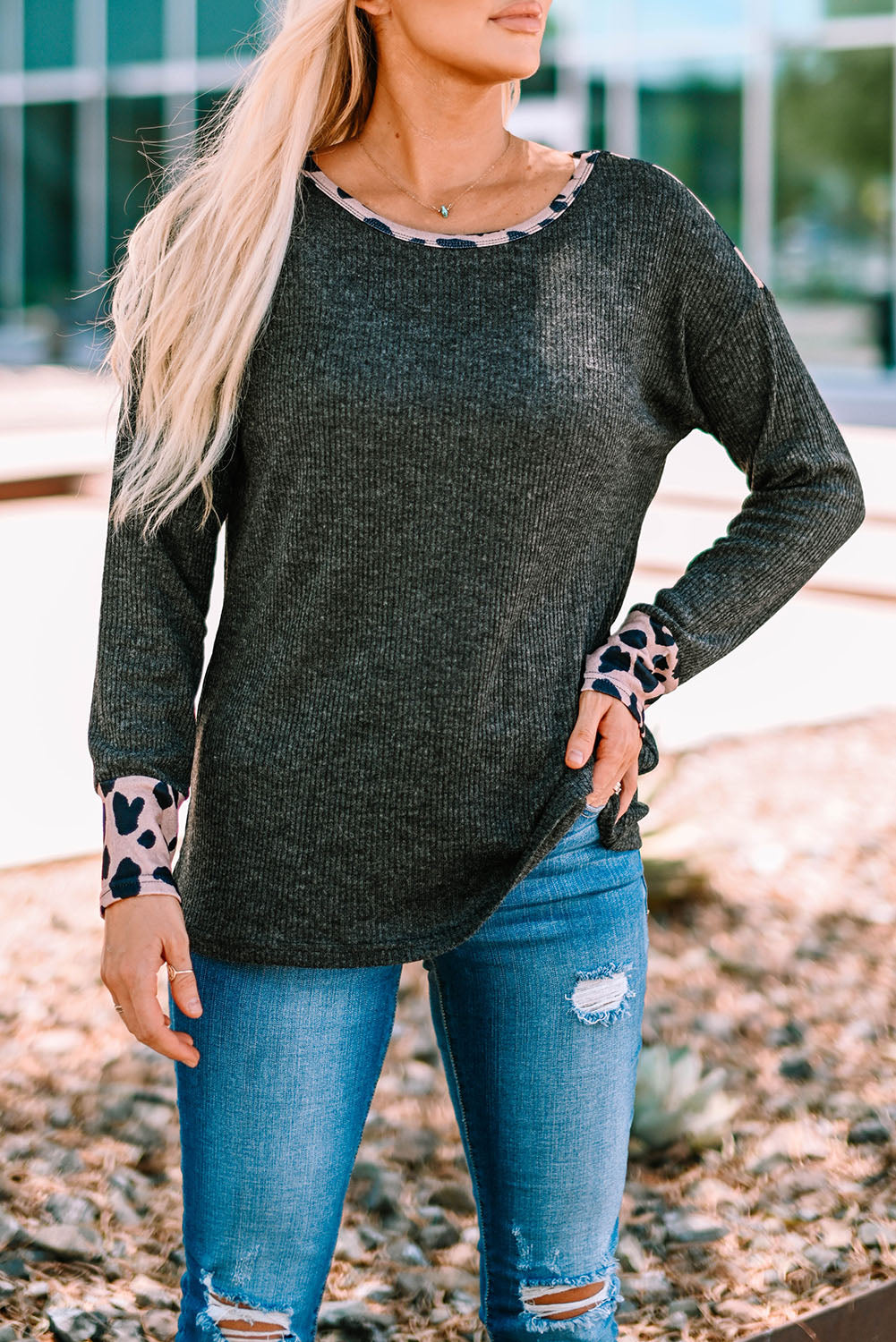 Black Leopard Trim Top