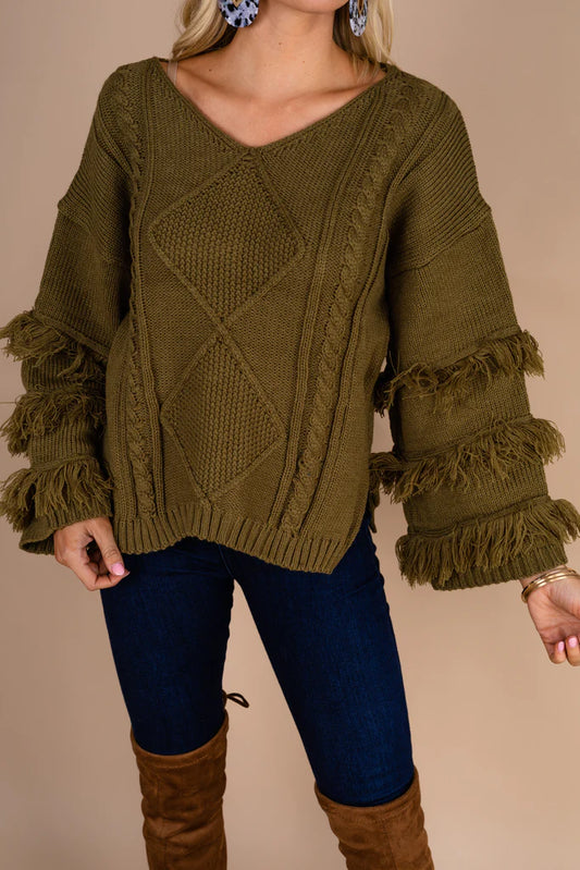 Olive Fringe Sleeve Sweater